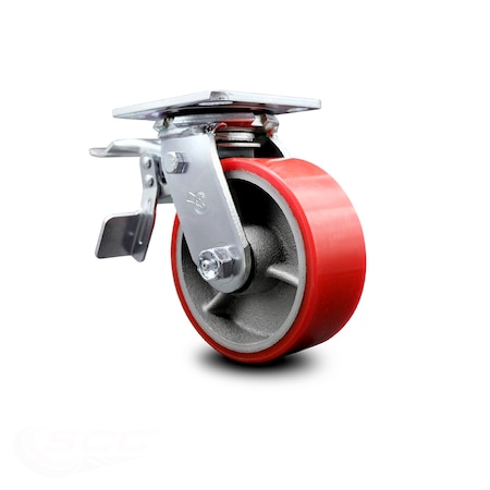 Service Caster 5 Inch Red Poly on Cast Iron Caster with Roller Bearing and Total Lock Brake SCC-TTL30S520-PUR-RS